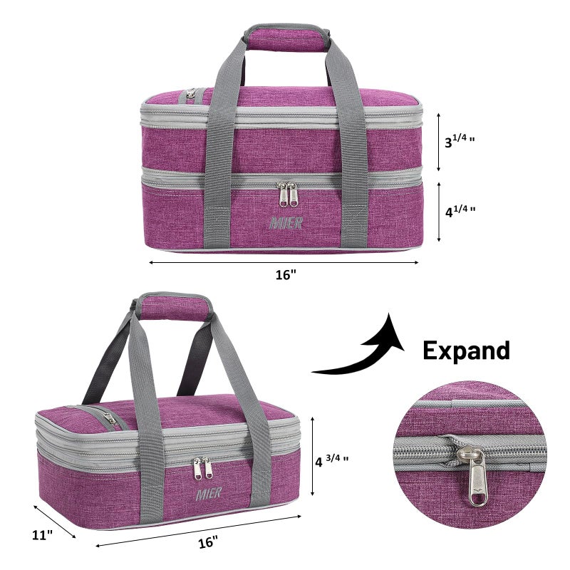 MIER Insulated Double Casserole Carrier Thermal Lunch Tote for Potluck Parties, Picnic, Beach, Fits 9 x 13 Inches Casserole Dish, Expandable by Mid Zipper, Purple - Image 5
